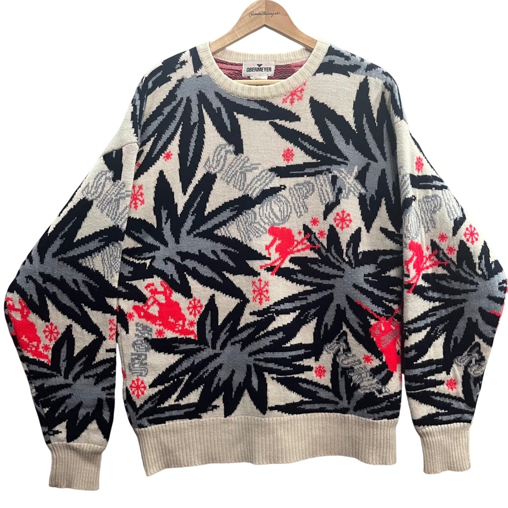 Vtg Obermeyer Ski Tropix Sweater Mens XL White‎ Black Pink Wool Blend Pullover